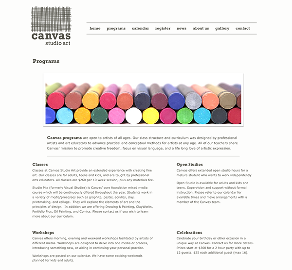 Canvas Studio Art website programs page
